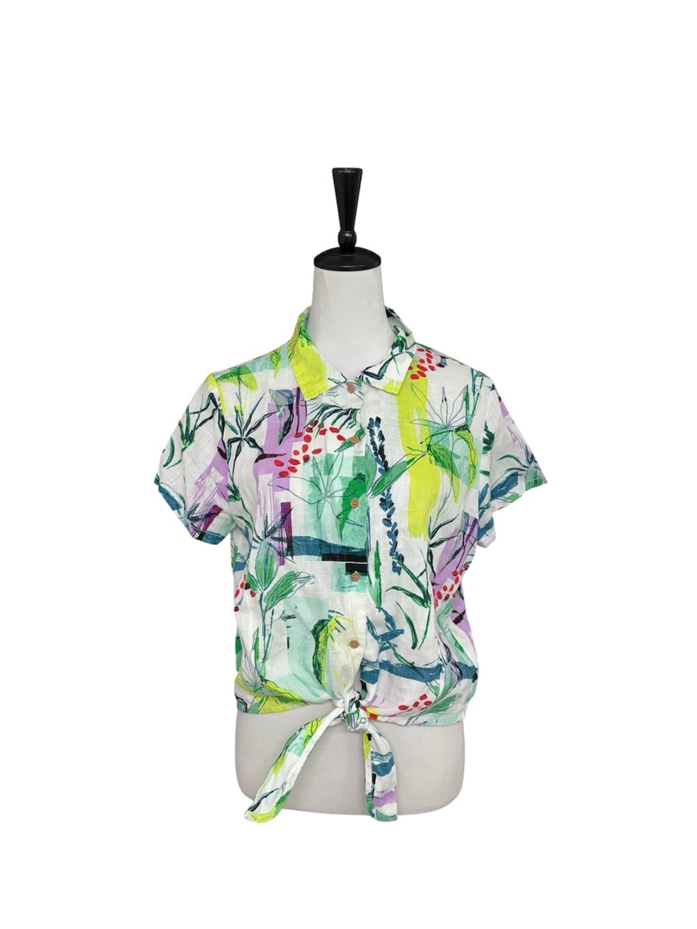Sigrid Olsen 100% Linen Botanical Tie Front Blouse - Picture 3 of 12